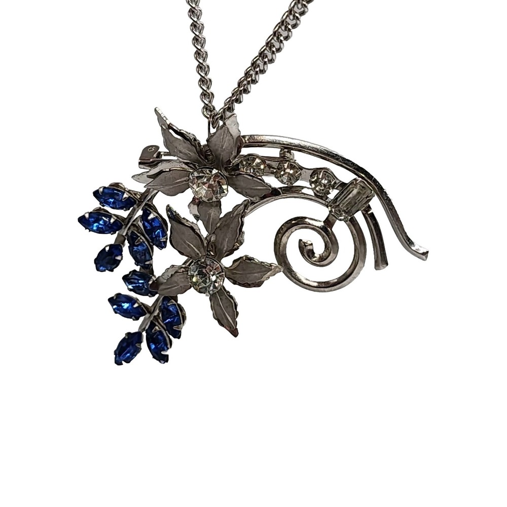 Cobalt Blue Rhinestone Floral Spray Silver Tone Pendant Brooch Retro Statement - Picture 4 of 16